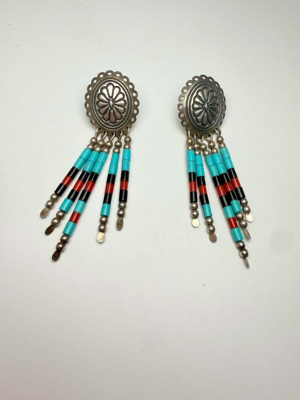 QT Vintage Southwestern Sterling Concho Multi Stone Dangle Earrings